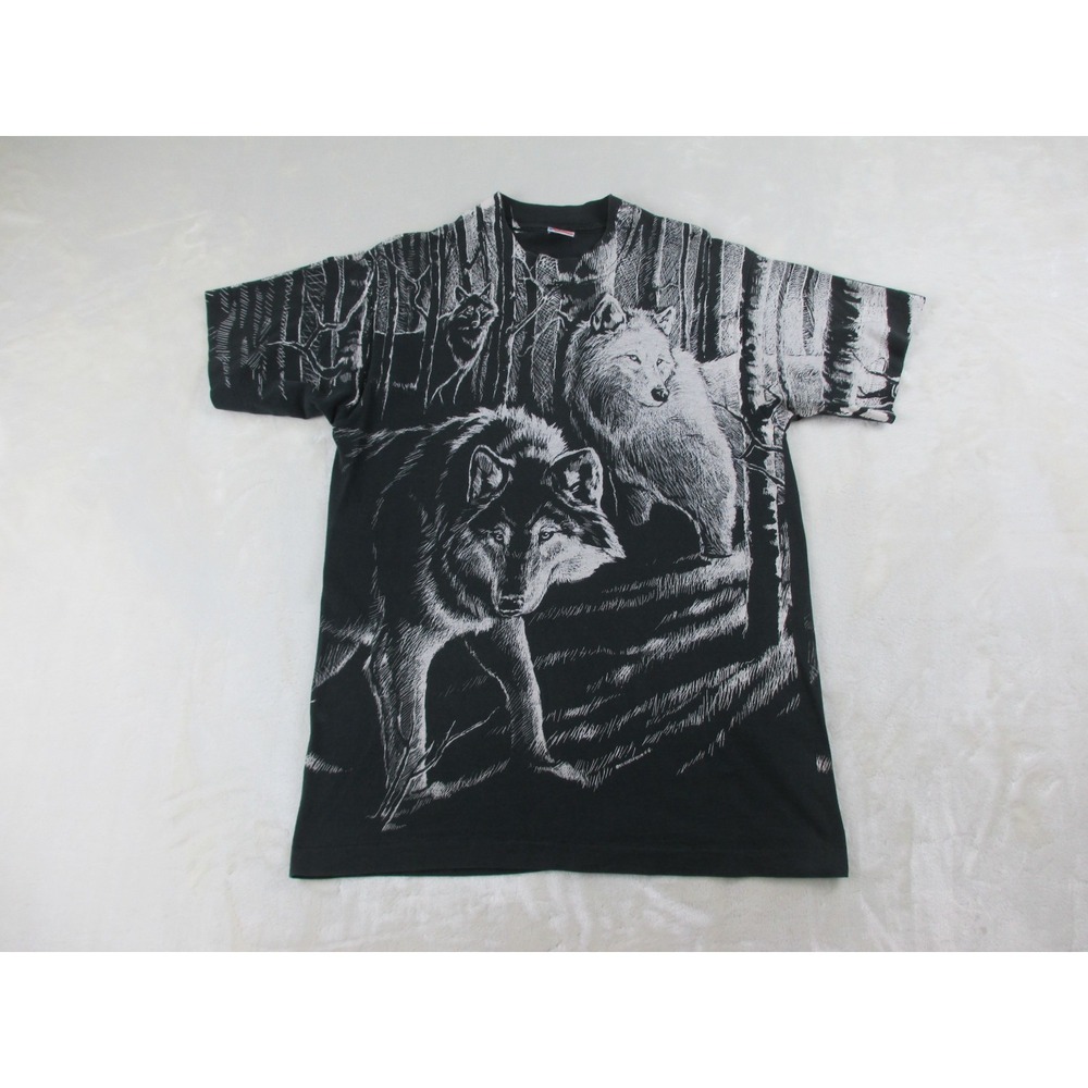 VINTAGE‎ Fruit Of The Loom Shirt Mens Medium Black Wolves Nature USA 90's*